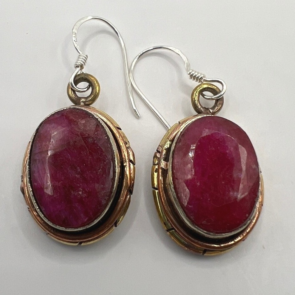 Pierced Drop Earrings Mixed Metal Faceted Pink Stone Mixed Metal Oval Dangle